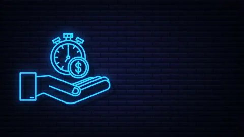 Neon Timer and money in hands. Clock and bag, time is money, fast loan, payment Vídeo Stock 169307795