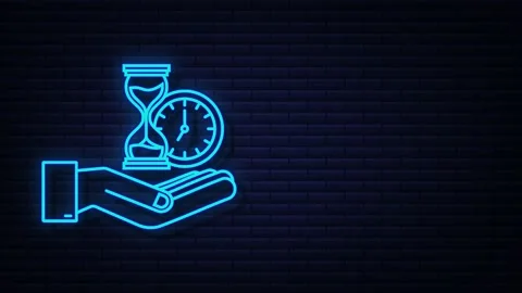 Neon Timer and money in hands. Clock and bag, time is money, fast loan, payment Vídeo Stock 169308259
