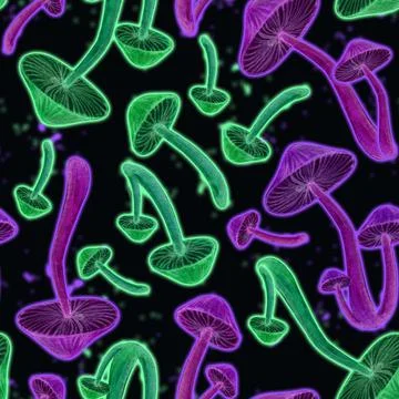 Neon toadstool seamless pattern on dark background Illustrazione stock