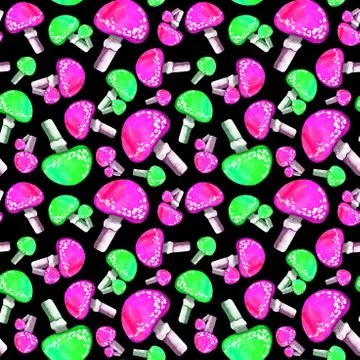 Neon toadstool watercolor seamless pattern Stock Illustration