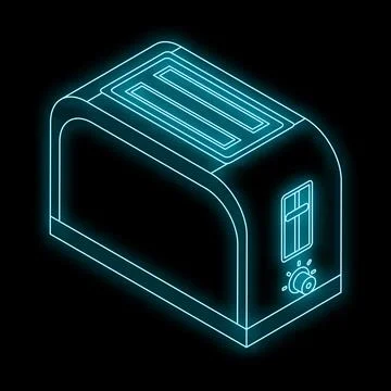 Neon toaster glowing on black background with isometric view Stock Illustration