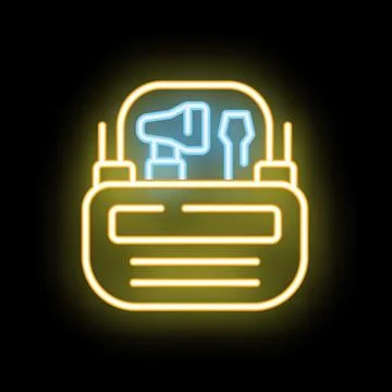 Neon toolbox icon glowing on dark background Stock Illustration