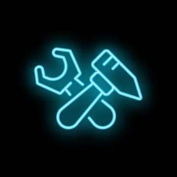 Neon tools icon wrench and hammer crossed representing construction or repair Stock Illustration