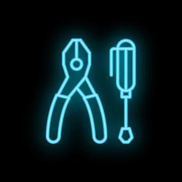 Neon tools pliers and screwdriver glowing on black background 스톡 일러스트