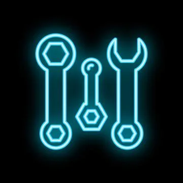 Neon tools set shining with blue light on black background Stock Illustration