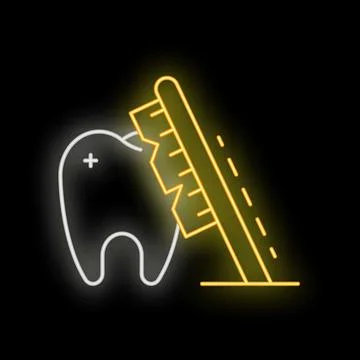 Neon toothbrush brushing glowing tooth on black background Stock Illustration