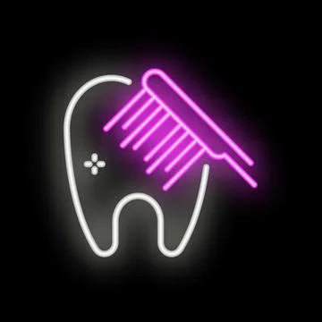 Neon toothbrush brushing glowing tooth on black background Stock Illustration