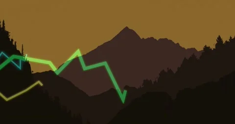 Neon traces emerging from left hillside and racing over central mountain, aiding Stock Footage 331872842
