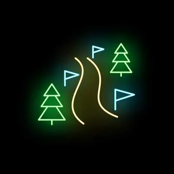 Neon trail marking path through forest trees Stock Illustration
