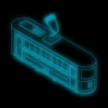 Neon tram glowing on black background with isometric projection Stock Illustration