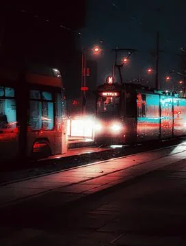 Neon tram at night Photos
