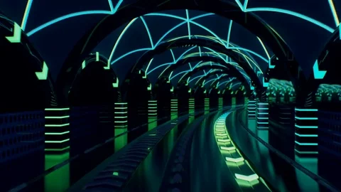 Neon transit line with streaking glowing light rails Stock Footage 69931116