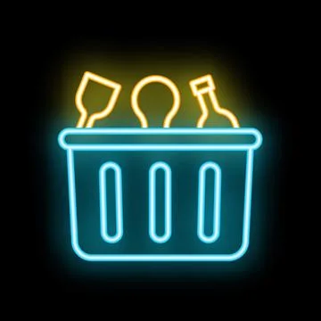 Neon trash can full of empty bottles and glasses icon glowing on dark backg.. Stock Illustration