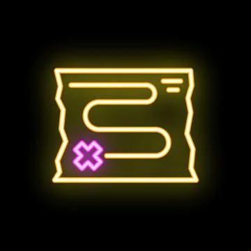 Neon treasure map showing location with cross mark on black background Stock Illustration
