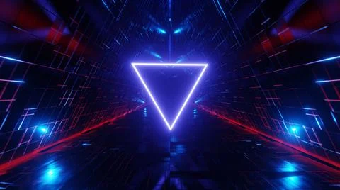 Neon triangle on abstract sci-fi tunnel background. 3d render Stock Photos