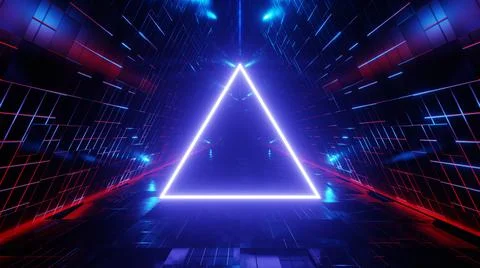 Neon triangle on abstract sci-fi tunnel background. 3d render Stock Photos