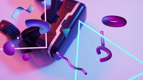 Neon triangle appearing, 3D shapes floating, rotating around black headphone Stock Footage 335465605