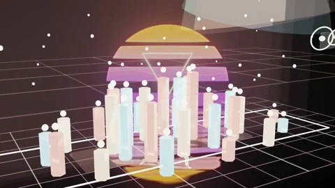 Neon triangle appearing, pastel grid columns pulsing up, dots drifting, forming Stock Footage 335637222
