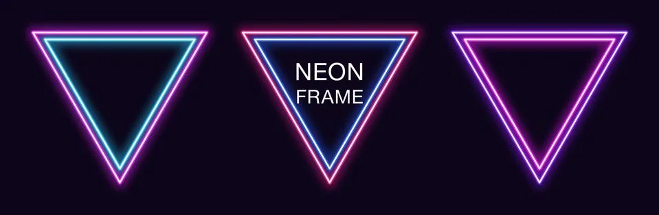 Neon triangle Frame. Set of triangular neon Border with double outline. Geome Stock Illustration