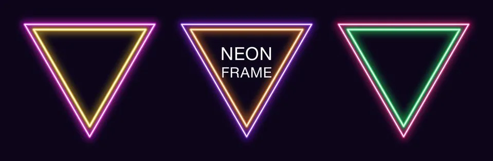 Neon triangle Frame. Set of triangular neon Border with double outline. Vecto Illustrazione stock