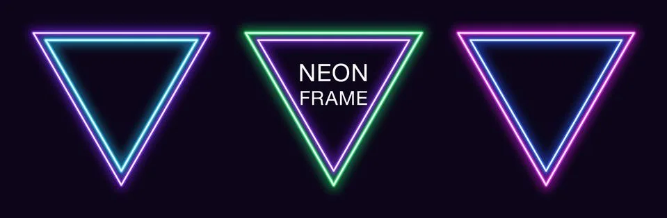 Neon triangle Frame. Set of triangular neon Border with double outline. Geome Stock Illustration