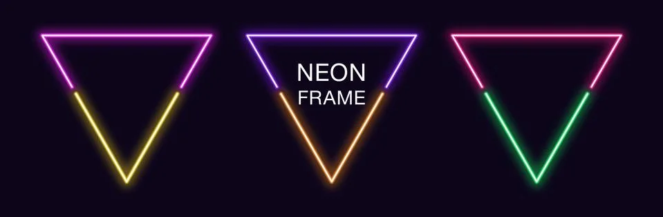 Neon triangle Frame. Set of triangular neon Border in 2 outline parts. Geomet Stock Illustration