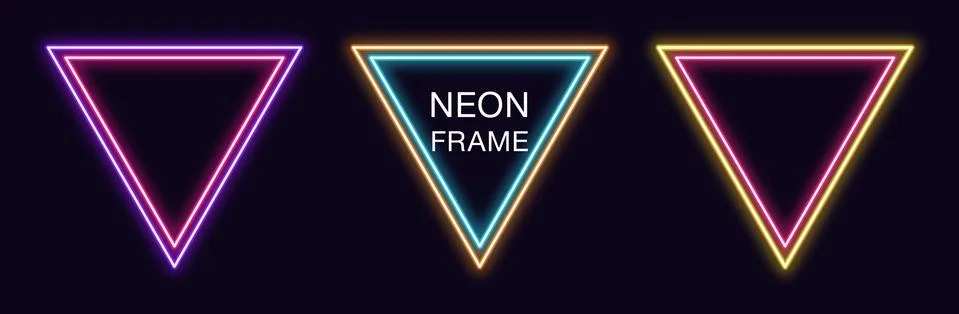 Neon triangle Frame. Set of triangular neon Border with double outline. Geome Stock Illustration