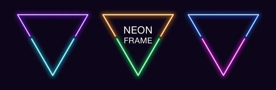 Neon triangle Frame. Set of triangular neon Border in 2 outline parts. Geomet Illustrazione stock
