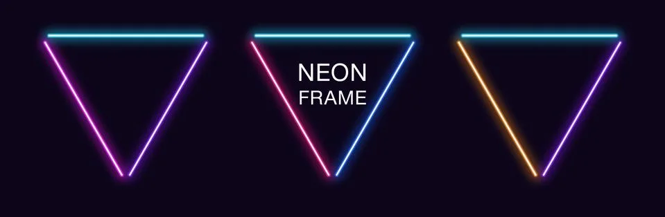Neon triangle Frame. Set of triangular neon Border in 3 outline parts. Geomet Illustrazione stock