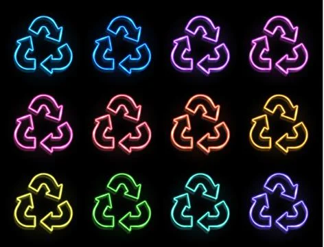 Neon triangle recycle symbol set isolated on black Stockillustratie