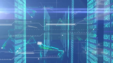 Neon triangle shapes moving over screens of binary coding data processing on Video stock 146931716