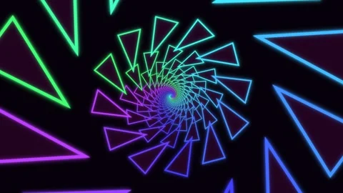 Neon triangle spiral tunnel with shifting colorful glowing lines Stock Footage 336353191