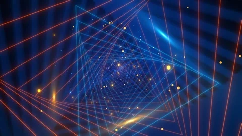 Neon triangle tunnel background blue geometric frames, orange laser lines, glowi Stock Footage 340470211