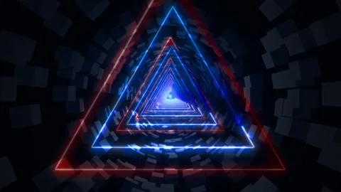 Neon triangle tunnel background blue red glowing outlines, dark geometric walls, Stock Footage 340565629
