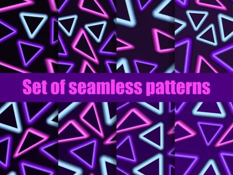 Neon triangles seamless patterns set. 80s retro sci-fi background. Futuristic Stock Illustration
