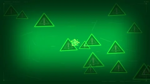 Neon triangles seeding swarm, moving inward, hitting square, pulsing alerts on Stock Footage 334118732