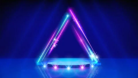 Neon triangular arch, podium, led arcade, stage light. Spotlight, background Stock Illustration