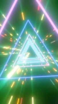 Neon triangular tunnel with colorful light streaks and glowing lasers, crea.. Illustrazione stock