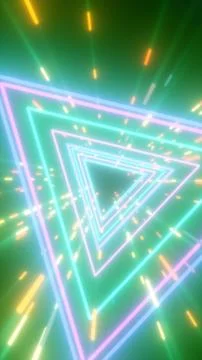 Neon triangular tunnel with colorful light streaks and glowing lasers, creati Illustrazione stock