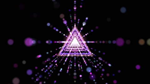 Neon triangular tunnel moving into the distance, geometric dark background. Stock Footage 143844580