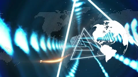 Neon triangular tunnel n seamless pattern over human brain and globe spinning on Stock Footage 325699615