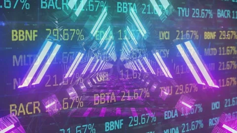 Neon tunnel moving forward on camera push, bars pulsing and tickers updating Stock Footage 333061112