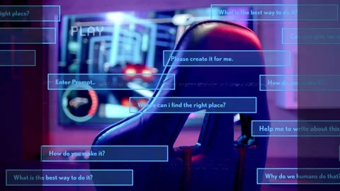 Neon tunnel pulsing, screen sending blue prompt boxes sliding over racing chair, Видео 335314534