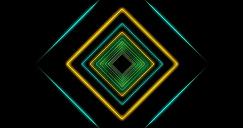 Neon tunnel using glowing square lines making light effect pattern - 4k Stock Footage 121034644