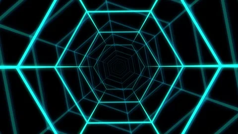 Neon turquoise hexagonal tunnel with glowing wireframe lines receding backg.. 스톡 동영상 329848838