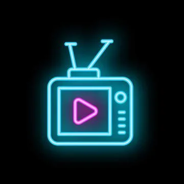 Neon tv set displaying play button on dark background Illustrazione stock