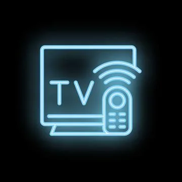 Neon tv set with remote control sending signal on black background Illustrazione stock