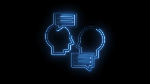 Neon two heads talking with speech bubbles on black background modern Stock Footage 322964216