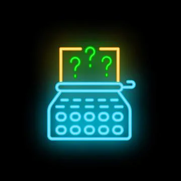 Neon typewriter displaying question marks on black background Stock Illustration