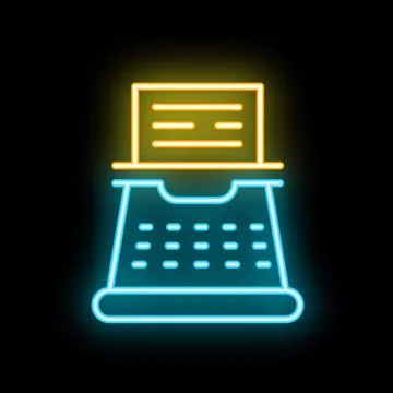 Neon typewriter icon glowing on dark background Stock Illustration